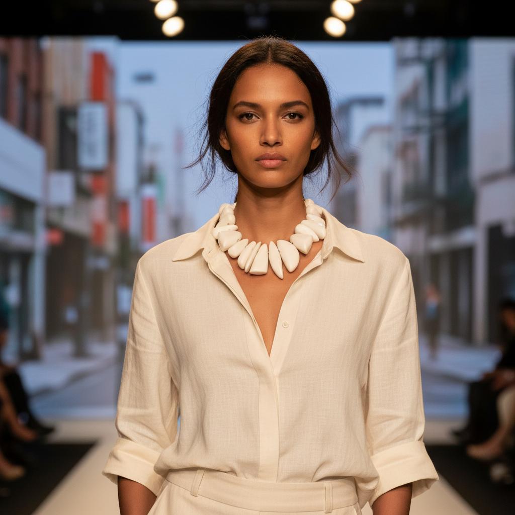 Model wearing an off‑white shirt and trousers, showcasing a bold handcrafted white statement necklace by Caro Jewelry. Minimalist runway background enhances the sculptural coastal design of the necklace.