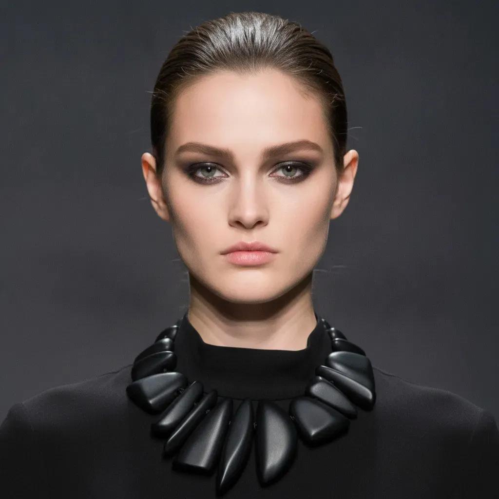 Model wearing a sleek black high‑neck top and a bold sculptural black statement necklace made of smooth, asymmetrical pieces. The minimalist dark background highlights the necklace’s glossy texture and modern design.
