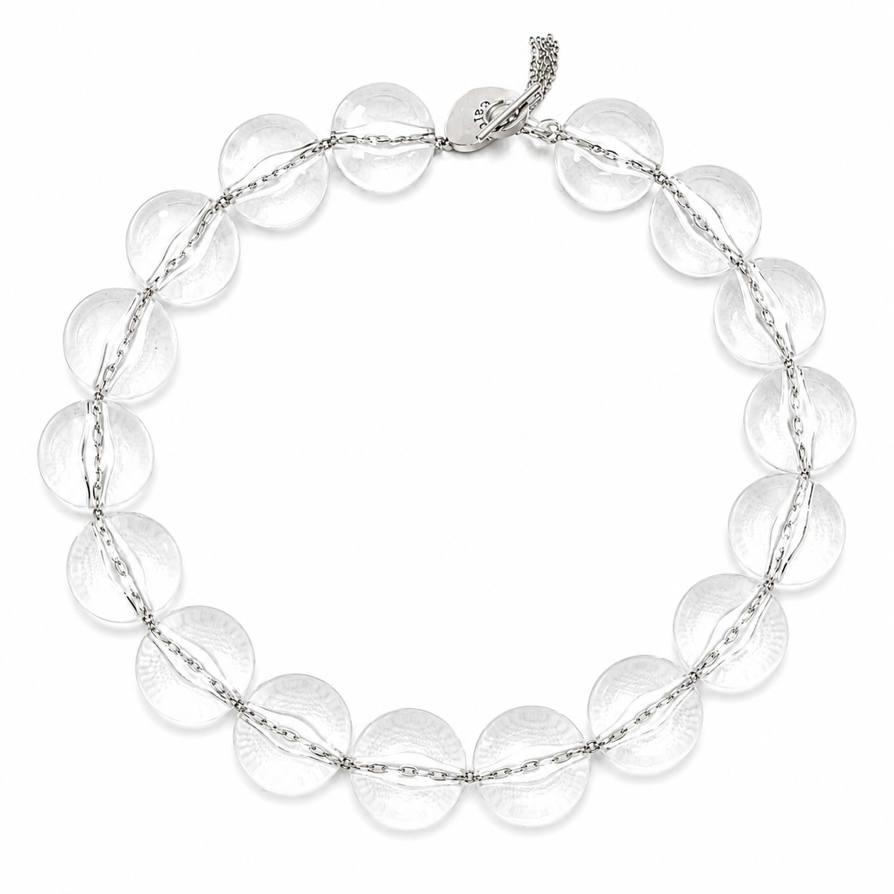 Refined Dior necklace featuring round clear crystal beads strung on a delicate silver chain with a 925 sterling silver clasp, showcasing minimalist elegance and luminous transparency.