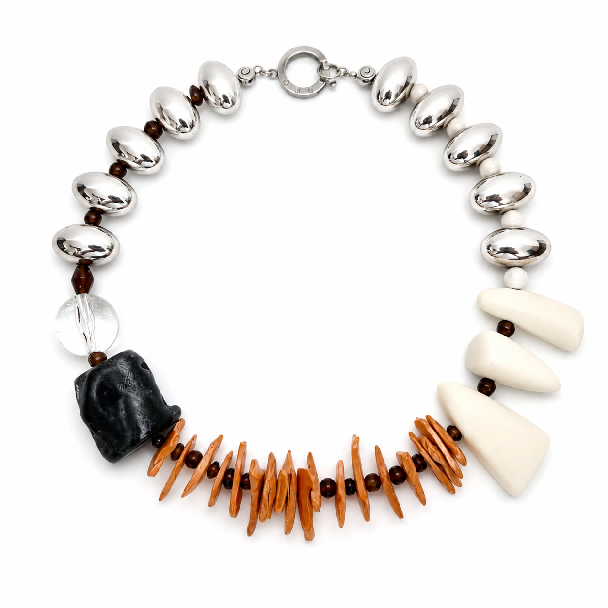 Handcrafted coconut shell necklace displayed on a white background, featuring polished brown, tan, and cream beads with mixed organic shapes and textures, creating a natural, tropical aesthetic.