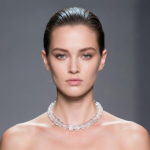 Model wearing a strapless black dress and a delicate clear crystal bead necklace on a runway, with soft lighting highlighting the necklace’s luminous transparency and refined design.