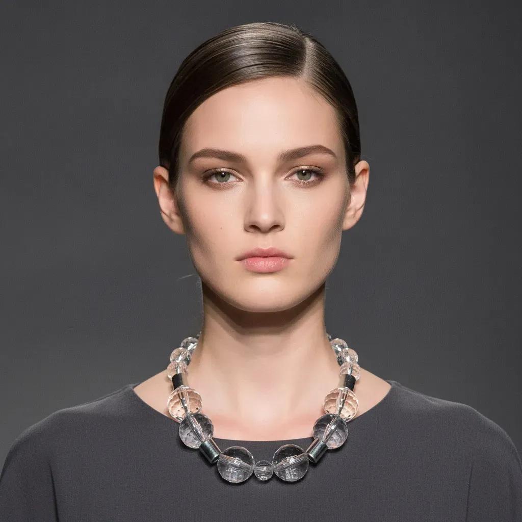 Model wearing a dark gray top and a handcrafted clear bead necklace featuring large transparent spheres and cylindrical metal accents, reflecting light with modern elegance against a neutral background.