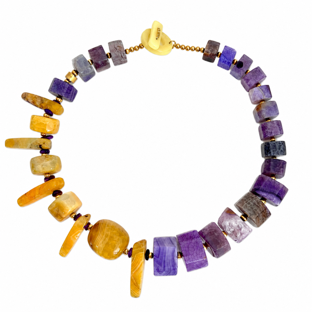 Handcrafted Purple & Yellow Agate Necklace featuring polished rectangular and irregular stones in deep purple and bright yellow hues, accented with gold spacers and a toggle clasp, displayed on a white background.