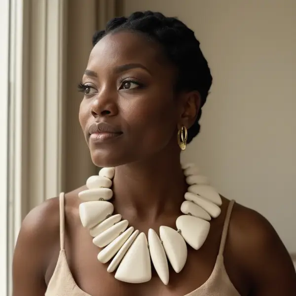 This exquisite choker necklace features striking large ivory color beads. Each chunky bead showcases a matte finish and distinct shape. Measuring 16 inches in length and weighing 10 ounces, this necklace combines bold design with comfortable wear, making it a perfect accessory for any occasion.