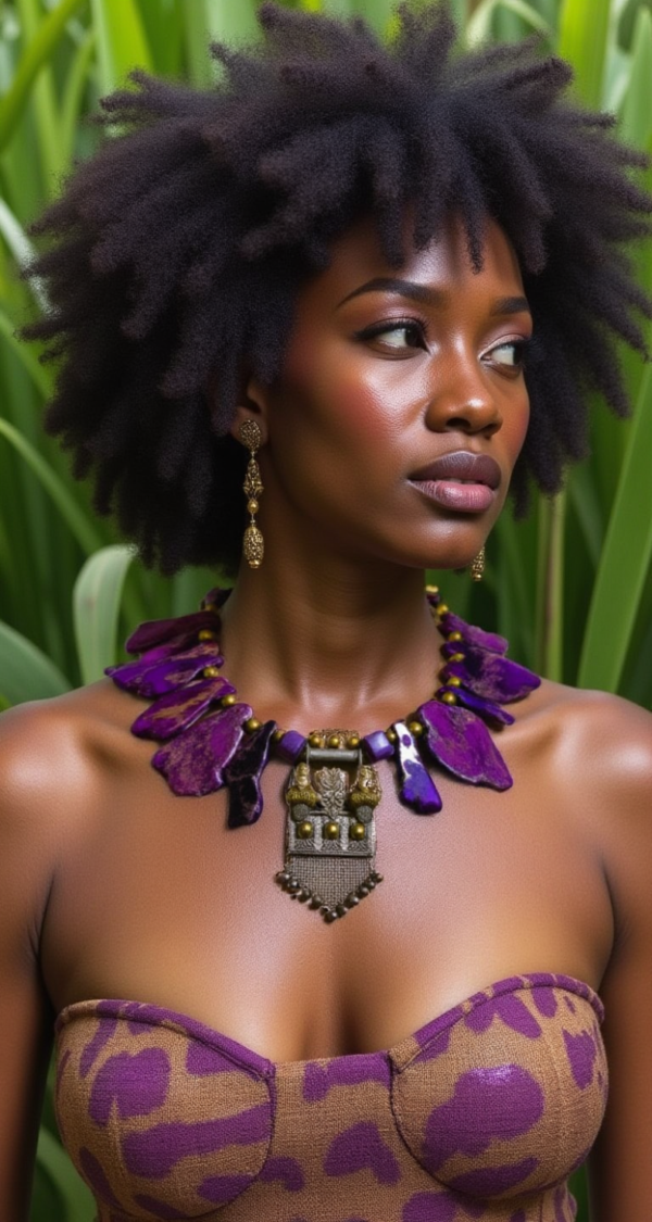 This handcrafted necklace features vibrant purple jasper beads, each uniquely shaped and flat, complemented by elegant gold beads and a patina metal pendant. Measuring 17 inches in length and weighing 8 ounces, it showcases jasper's natural beauty and individuality, a stone known for its rich colors and patterns that vary by geographic origin. Perfect for adding a touch of bohemian flair to any outfit, this necklace is a statement piece that reflects artistry and nature.