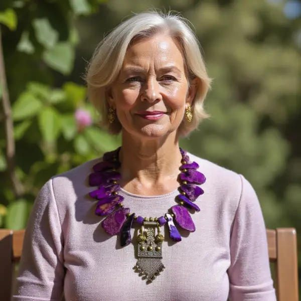 This handcrafted necklace features vibrant purple jasper beads, each uniquely shaped and flat, complemented by elegant gold beads and a patina metal pendant. Measuring 17 inches in length and weighing 8 ounces, it showcases jasper's natural beauty and individuality, a stone known for its rich colors and patterns that vary by geographic origin. Perfect for adding a touch of bohemian flair to any outfit, this necklace is a statement piece that reflects artistry and nature.