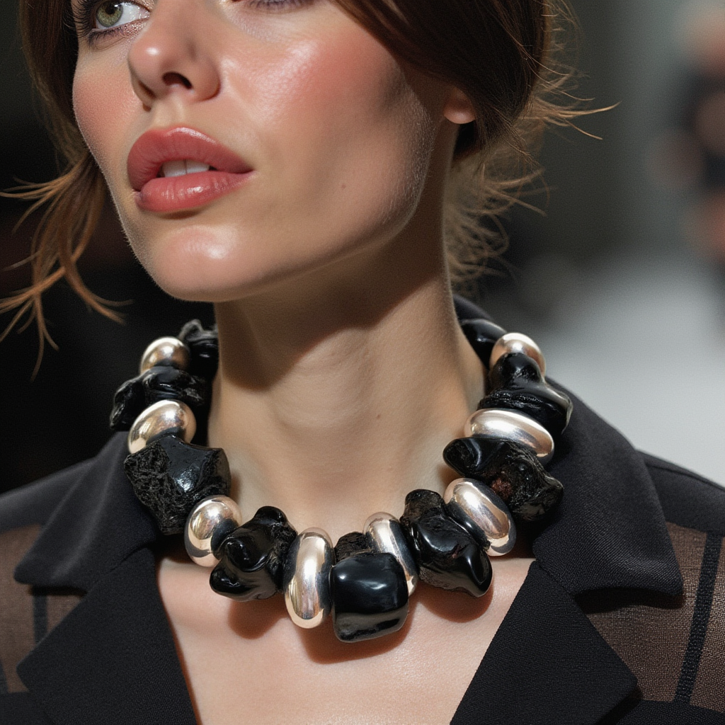 Handcrafted choker featuring large irregular black coral beads alternating with smooth silver‑toned oval beads, secured with a silver clasp and tassel accent. The design highlights bold contrast and sculptural elegance.