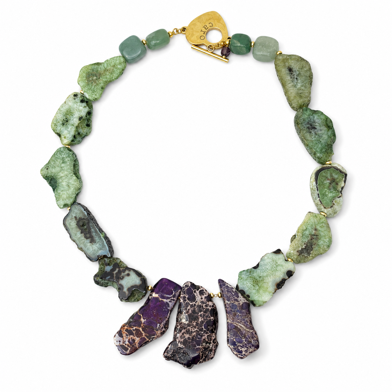 Handcrafted necklace featuring irregular kiwi‑green agate quartz drusy geode stones paired with deep purple jasper, accented by gold spacers and a gold heart clasp engraved “Caro.” The design highlights natural texture and artisanal craftsmanship.