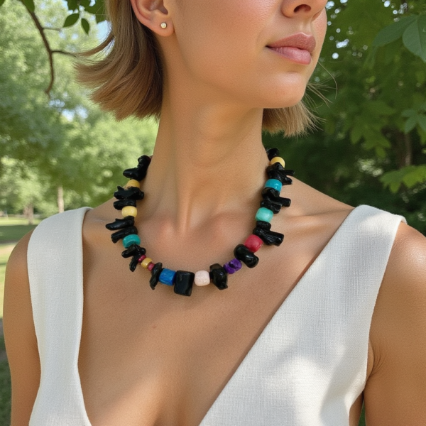 This exquisite necklace features a stunning blend of black coral and vibrant multicolor agate stones, creating a captivating accessory that effortlessly showcases a spectrum of colors.  The necklace is designed with small, candy-like stones that add a playful touch, complemented by a rose quartz toggle clasp for an elegant finish. With a length of 14 inches and a weight of 8 ounces, it is both lightweight and comfortable for everyday wear.