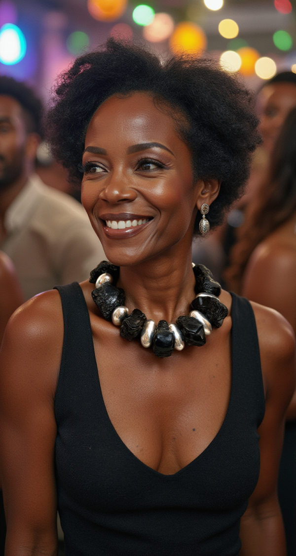 This striking black and silver necklace features an elegant design crafted from rare black coral, complemented by oval silver-colored metal beads and a genuine silver tassel.  Measuring 17 inches in length and weighing 11 ounces, this chunky choker makes a bold statement with its unique size and color combination. The irregular texture of the black coral is beautifully highlighted by the metallic accents, making it a standout accessory for any occasion. The secure silver clasp ensures a comfortable fit while adding a touch of sophistication to the overall design.