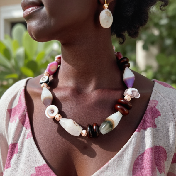 This exquisite necklace features a heart charm complemented by a stunning array of pink and gray Agate stones, horn, and conch beads. The delicate combination of pink and brown hues creates a minimalist yet striking design, allowing the unique patterns of each stone to shine through. Measuring 18 inches in length and weighing 4 ounces, this necklace is both lightweight and comfortable to wear. The soft colors and distinctive characteristics of the Agate stones make this piece a perfect accessory for any occasion, adding a touch of elegance and individuality to your ensemble.