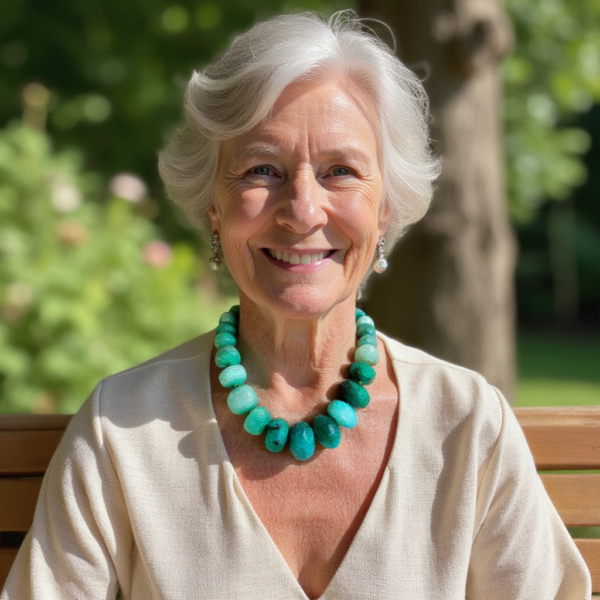 This exquisite necklace features a stunning array of green stones, elegantly complemented by a durable silver clasp. Measuring 19 inches in length and weighing 12 ounces, the necklace showcases chunky green agate, expertly faceted to highlight its natural beauty. Each custom-cut stone reflects the unique splendor of agate, a gemstone known for its clusters of tiny quartz that exhibit remarkable hardness and vibrant color. This piece is perfect for those seeking a bold yet sophisticated accessory that enhances any outfit.