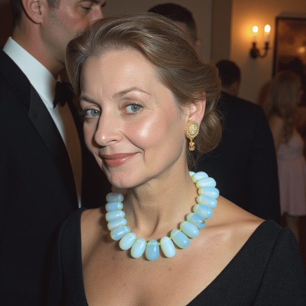 Opalite Necklace 0369055 - Radiating subtle magic and soulful elegance, the Color-Shifting Opalite Necklace is a luminous gem with an otherworldly charm. Crafted from irregularly shaped Opalite stones, each uniquely handcrafted and individually knotted, this necklace contours gracefully along the neckline—offering a one-of-a-kind aesthetic that feels both artisanal and ethereal. What truly sets this piece apart is its mesmerizing ability to shift color depending on the lighting and background. In natural light, the stones may glisten with soft green tones, while indoor settings reveal a dreamy blue shimmer—making it a remarkably adaptive accessory that complements any wardrobe. Whether layered over crisp whites or rich jewel tones, the Color-Shifting Opalite Necklace adds effortless sophistication and visual intrigue. Measuring just right to accent your collarbone, this necklace blends versatility with vibrant energy. Beyond its striking beauty, Opalite is also treasured in spiritual circles for its calming influence and is believed to assist with emotional balance and depression. It’s more than jewelry—it’s a wearable mood, a conversation piece, and a gentle reminder of the light that lives within and around us.  Pair it with anything from casual knits to silk blouses, and let it catch the light—and the moment—with stunning grace.