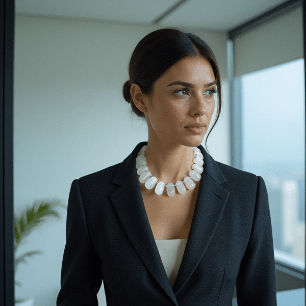 Rock Crystal Necklace 0369056 - Elevate your style with the luminous grace of the Crystal Necklace—a timeless piece designed to inspire clarity, calm, and effortless beauty. Handcrafted with stunning white quartz beads, each stone is individually selected for its radiant purity and spiritual resonance. The smooth, polished surfaces reflect ambient light with a soft, luminous sheen, making this necklace as visually soothing as it is elegant. Measuring for a comfortable fit, each bead is thoughtfully knotted to enhance the necklace's fluid drape along the neckline, while a sleek silver clasp adds a refined touch of modern simplicity. The result is a harmonious blend of natural artistry and polished design.  The Crystal Necklace is perfect for dressing up a special occasion or adding a touch of sophistication to your everyday look. More than just a fashion accessory, white quartz is celebrated for its association with clarity, energy, and spiritual well-being. It’s a stone many believe helps amplify positive intentions and bring balance to daily life. Whether worn as a meaningful talisman or a minimalist statement piece, the White Quartz Elegance Necklace offers a versatile, stylish expression of inner strength and luminous charm. It’s the kind of jewelry that speaks softly yet shines brightly—perfect for any wardrobe and every moment.