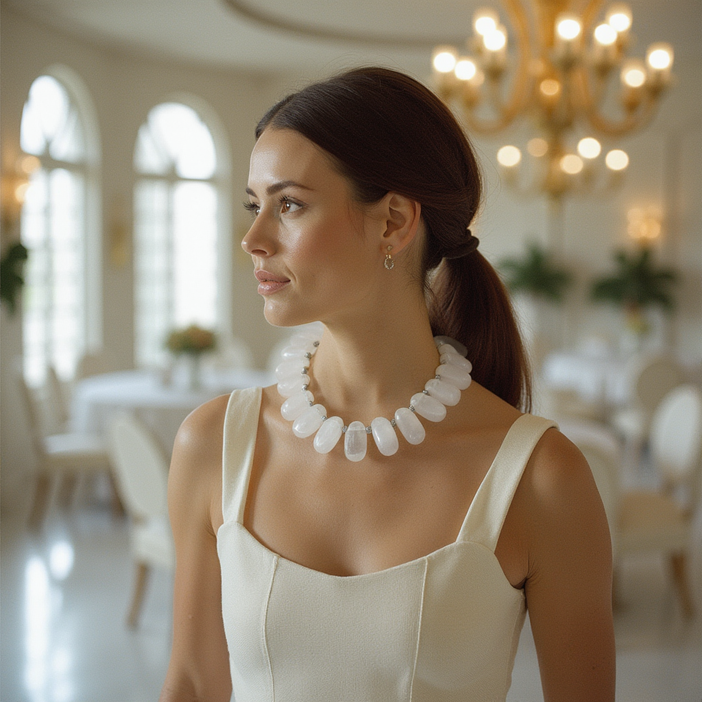 Model wearing a sleeveless ivory dress and a handcrafted Rock Crystal Necklace with large polished white quartz beads, softly glowing under chandelier light in an elegant interior.