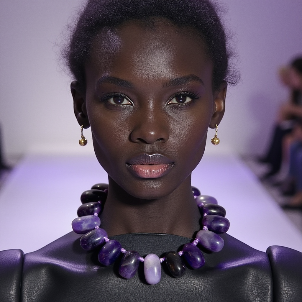Model wearing a handcrafted Rose de France Amethyst Necklace composed of large polished violet stones with subtle red and blue undertones, paired with gold earrings and a sleek black outfit on a softly lit runway.