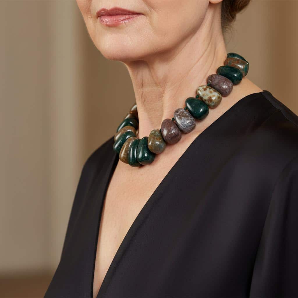 Known as the eternity stone, Indian Agate carries a lunar charge that gives each bead a quietly profound presence.  Polished by hand and matched for tone, every bead in this necklace is individually knotted so it moves and rests comfortably against the skin. The earthy palette—warm russets, mossy greens, soft creams—catches light with a natural luster that changes as you do, bringing an organic elegance to both casual and refined looks.  Wear it alone as a subtle talisman or layer it with other pieces to build depth and meaning.  Each bead is crafted to highlight the stone’s story: ancient symbolism, quiet strength, and a connection to the cycles of nature.  Meticulous knotting protects the beads and ensures durability for years of wear. This piece makes a thoughtful gift for someone who values craftsmanship and soulful design, or a grounding addition to your own collection.  This timeless accessory invites touch and attention without shouting.  Celebrate continuity and the beauty of the natural world with a necklace that feels like a small, wearable ritual.  Indian Agate frames the heart and completes an outfit with understated confidence.   Handmade in small batches to preserve quality and intentional energy always.