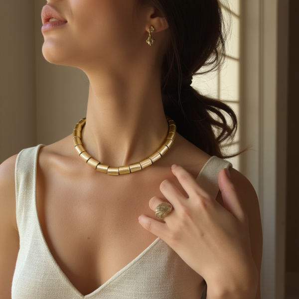 Handcrafted with meticulous attention to detail, its matte gold finish and textured beads create a sophisticated yet minimalist aesthetic. Perfect for complementing your office attire, this versatile piece effortlessly transitions from a professional setting to a night out, making it a must-have addition to your jewelry collection.