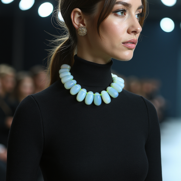 This exquisite black necklace features irregularly shaped Opalite stones, each uniquely handcrafted and individually knotted to elegantly contour the neck. The stones exhibit a captivating color shift, transitioning from green to blue depending on the surrounding light and angle, making this piece not only a striking accessory but also a versatile addition to any wardrobe. The adaptive color quality of the Opalite ensures that it harmonizes beautifully with various outfits, offering effortless style and sophistication.