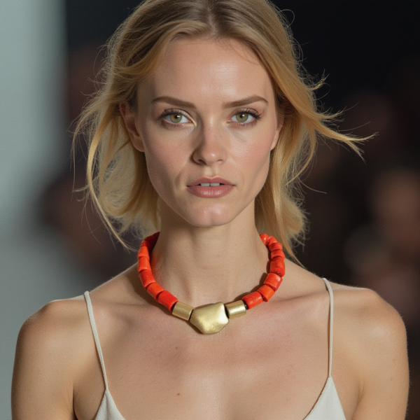 Elevate your accessory game with this stunning coral necklace. It features vibrant coral beads in a bright orange hue, beautifully paired with cylindrical matte gold and brass accents. The elegant design showcases an asymmetric matte gold accent bead, creating a harmonious blend that effortlessly complements office attire and summer dresses. This necklace is lightweight and comfortable for all-day wear. It measures 17 inches long and weighs just 4 ounces. Its unique combination of colors and shapes makes it a versatile piece that adds a touch of sophistication to any outfit.