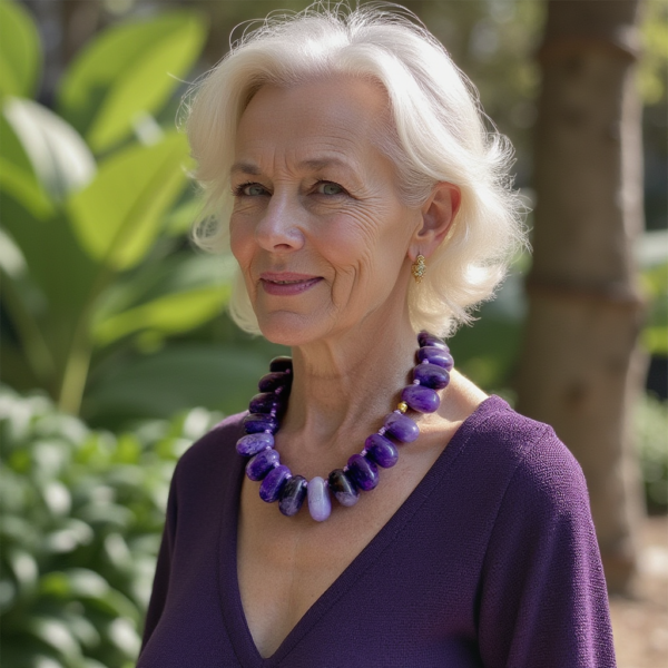 Elevate your accessory game with this stunning purple stone necklace. It features irregularly shaped semi-precious Amethyst stones in beautiful shades called “Rose de France.” The gold clasp adds a touch of elegance, making it perfect for both casual and formal occasions.  Known for its spiritual significance, Amethyst is associated with the third eye and crown chakra, promoting clarity and tranquility. This necklace, 19 inches long and weighing 12 ounces, is a stylish addition to your jewelry collection and a meaningful piece for those born in February.