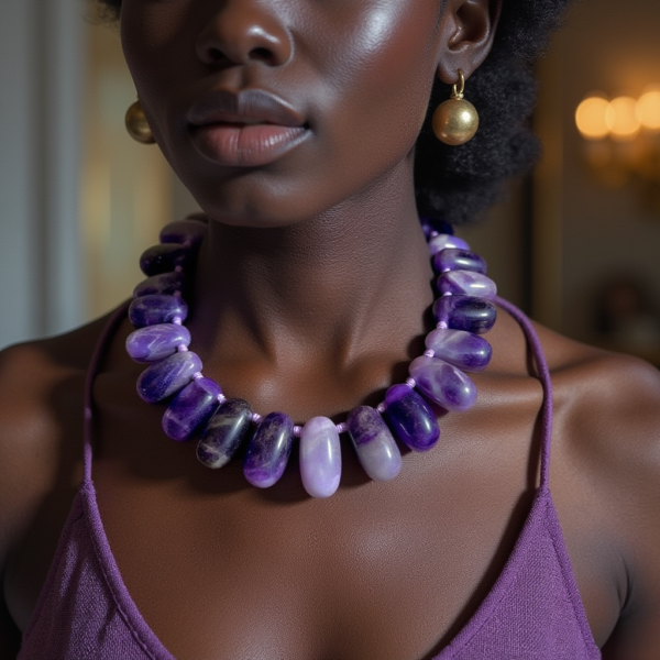 Elevate your accessory game with this stunning purple stone necklace. It features irregularly shaped semi-precious Amethyst stones in beautiful shades called “Rose de France.” The gold clasp adds a touch of elegance, making it perfect for both casual and formal occasions.  Known for its spiritual significance, Amethyst is associated with the third eye and crown chakra, promoting clarity and tranquility. This necklace, 19 inches long and weighing 12 ounces, is a stylish addition to your jewelry collection and a meaningful piece for those born in February.