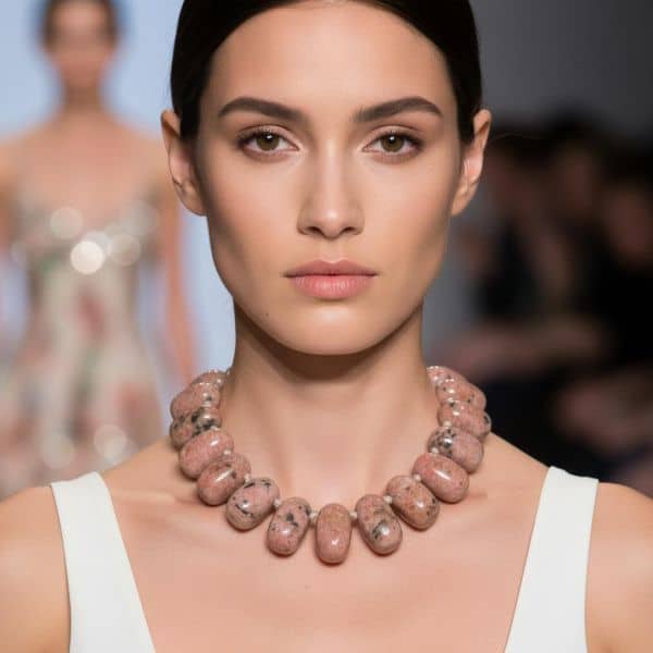 Rhodonite Necklace 0369062 - Introducing our exquisite Rhodonite necklace—a timeless piece where nature’s artistry meets soulful intention. Handcrafted with care, this stunning Rhodonite necklace features large, natural Rhodonite beads in rich shades of rose pink, veined with deep black. The name Rhodon, meaning “rose” in Greek, reflects both the stone’s alluring color and its symbolic connection to the heart. Known as the “stone of love,” The Rhodonite necklace resonates with the heart chakra, a center of emotional energy, compassion, and connection. Holding or wearing this stone is believed to gently open the heart, cultivating a sense of inner harmony and love for others and oneself. Whether paired with an elegant dress or a simple blouse and jeans, the Rhodonite necklace adds a graceful yet bold touch to any outfit. Its tactile beauty and emotional warmth make it a cherished companion for everyday moments and special occasions alike. Gift it to someone dear—or wear it as a personal reminder of your own loving strength. Either way, this necklace offers more than style; it brings meaning, intention, and a touch of soulful elegance to your journey.