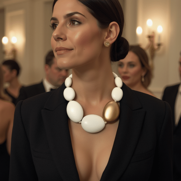 Make a lasting impression with the White Matte Oval Bead Necklace with Gold Accent—a stunning piece that blends bold design with effortless elegance. This single-strand statement white necklace features generously sized oval acrylic beads finished in a chic matte white, creating a clean, contemporary silhouette that’s both eye-catching and refined.  At the heart of the design is a gleaming gold accent bead that adds just the right touch of sophistication and visual contrast. It breaks the uniformity in the white necklace with intention, drawing the eye and elevating the entire look with a hint of luxe appeal. Chunky in form but surprisingly lightweight, this necklace offers all-day comfort without compromising its impactful presence. Perfectly suited for both casual and formal wear, it transitions beautifully from a crisp office outfit to an evening ensemble, making it your go-to piece for versatile styling. The matte finish lends a modern, minimal vibe, while the sculptural shape of the beads brings boldness and personality.  Whether worn over sleek neutrals, vibrant prints, or layered textures, the White Matte Oval Bead Necklace with Gold Accent is a sophisticated statement-maker that balances simplicity with style. It’s a timeless addition to any wardrobe, designed for those who appreciate clean lines and powerful design.