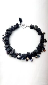 Natural unpolished black Tourmaline, with multicolor fresh water pearls