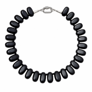 Handcrafted necklace featuring large polished black Obsidian beads with a silver rhinestone carabiner clasp, arranged in a circular formation against a white background.