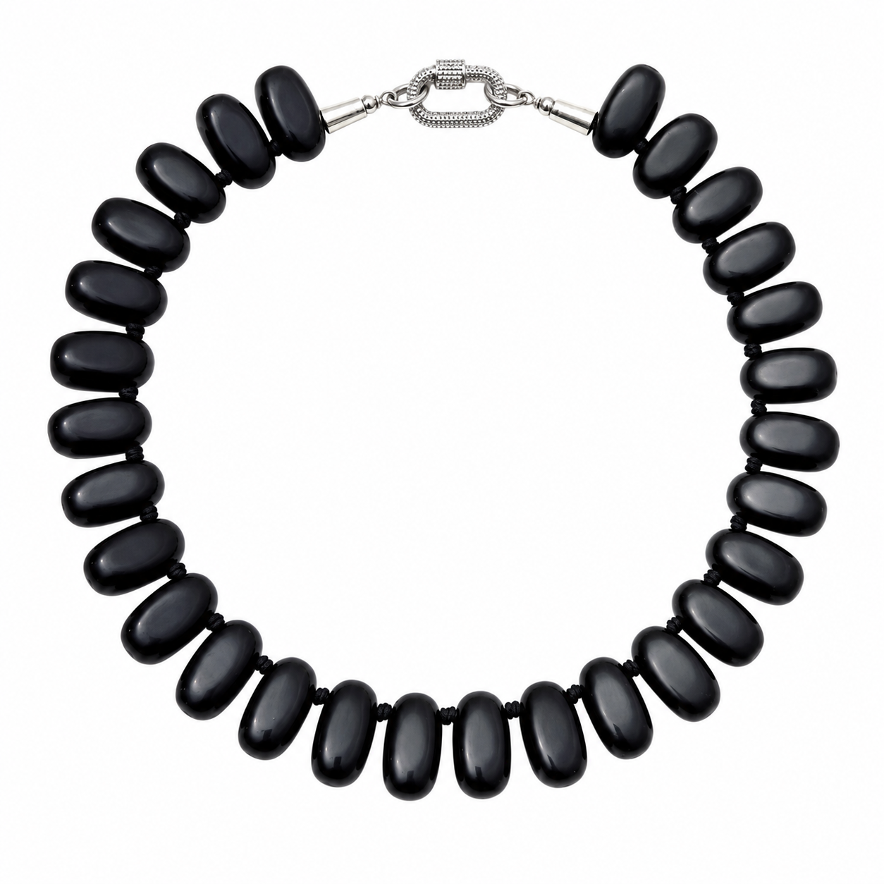 Handcrafted necklace featuring large polished black Obsidian beads with a silver rhinestone carabiner clasp, arranged in a circular formation against a white background.
