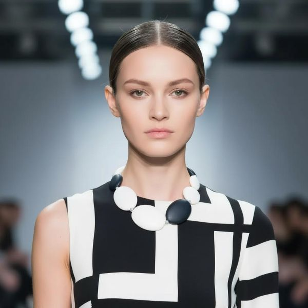 Model wearing a monochrome oval bead statement necklace featuring alternating black and white smooth oval beads. Styled with a geometric black‑and‑white patterned dress on a runway, highlighting the necklace’s bold, modern design and elegant contrast.