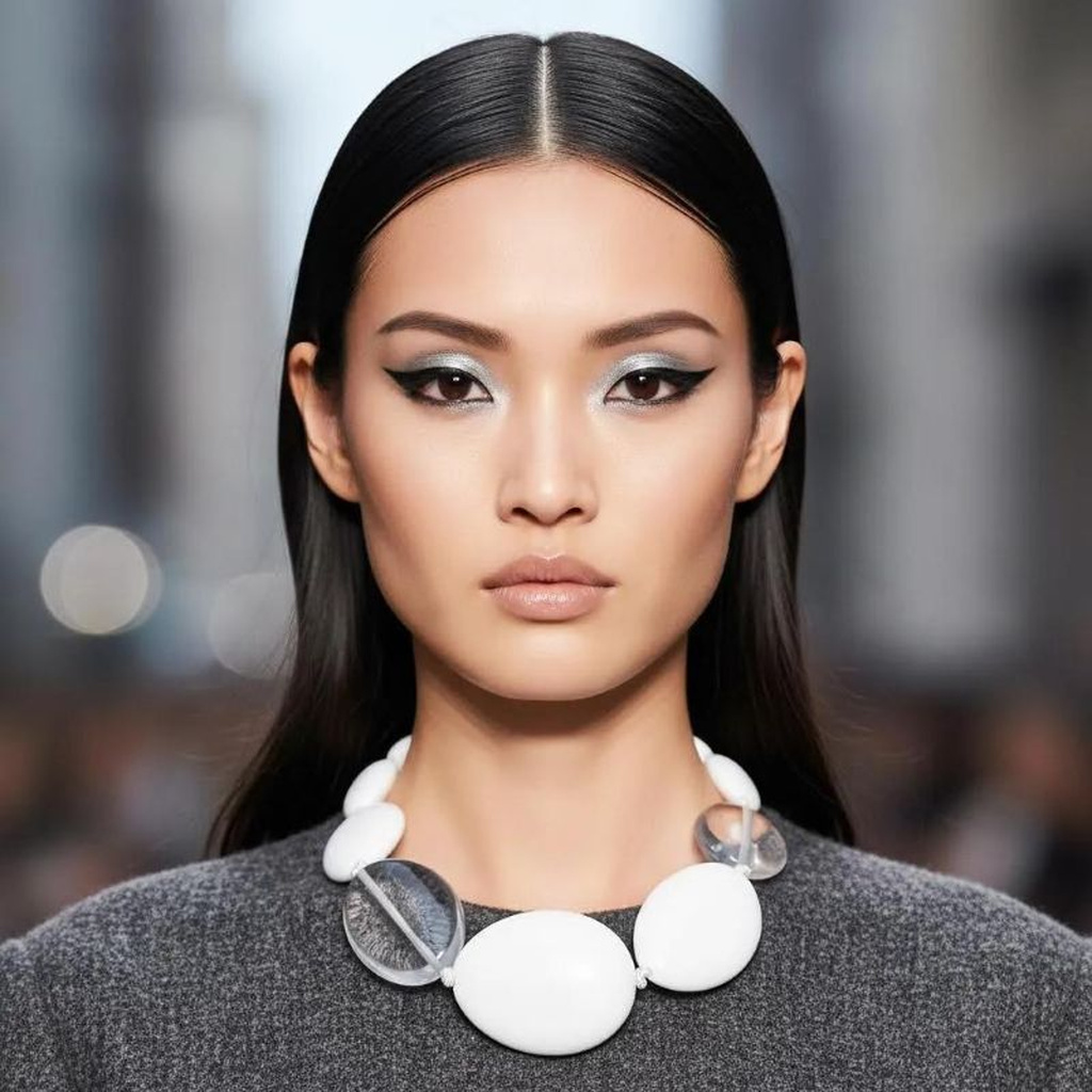 Model wearing a handcrafted Matte White & Clear Bead Statement Necklace featuring large matte white and clear oval beads. Styled with sleek hair and a gray textured top, showcasing the necklace’s bold, contemporary design and refined simplicity.