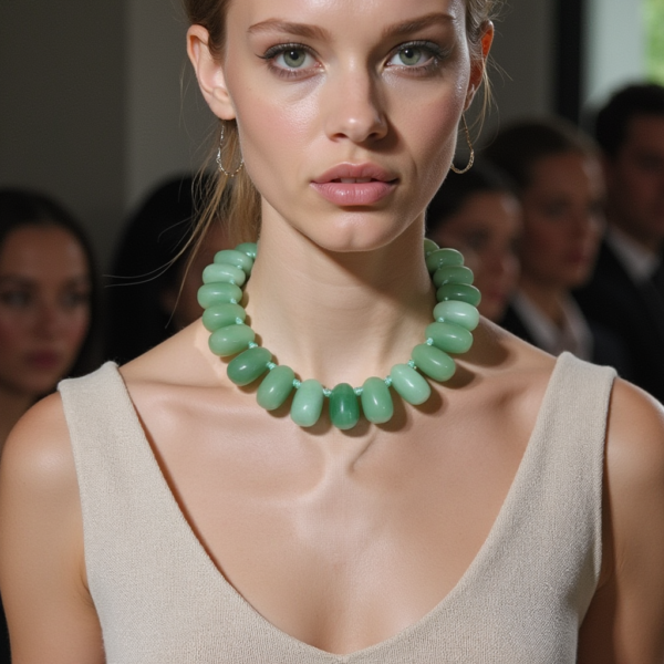 Elevate your accessory game with this stunning green necklace. It is crafted from irregularly shaped semiprecious green Aventurine stones. Each bead showcases a vibrant hue, enhanced by tiny Fuchsite crystal particles, making it a unique addition to your jewelry collection. Handcrafted with care, this polished Aventurine necklace is designed to comfortably fit the shape of your neck, offering both style and elegance. Beyond its beauty, Aventurine is known as a lucky charm, attracting opportunities and positive energy into your life. Perfect for any occasion, this necklace is a must-have for those who appreciate both fashion and meaning.