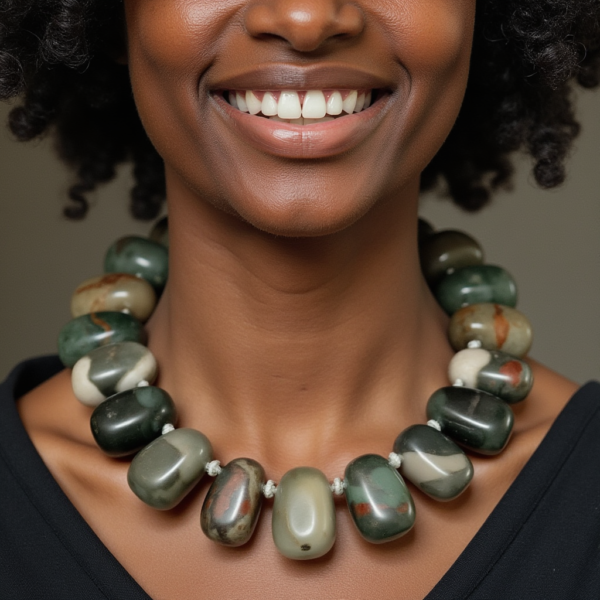 Discover the elegance of our stunning necklace featuring a beautiful combination of black and gray African Bloodstone. This unique piece enhances your style and promotes a balanced energy flow, making it perfect for those who experience static from fabrics or metals. With its naturally opaque quartz composition, this necklace is not just a fashion statement; it also helps combat Geopathic stress, providing beauty and wellness in one accessory.