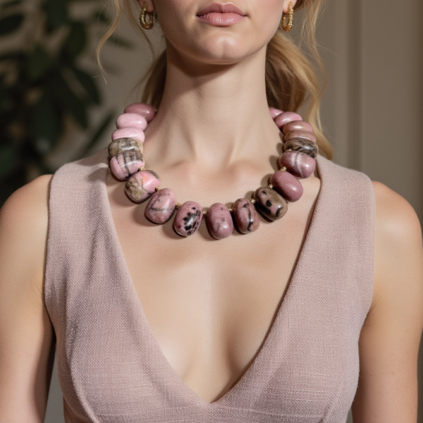 Stunning handcrafted necklace featuring large natural Rhodonite beads in beautiful shades of pink and black.  Rhodonite is the stone of love because it makes the holder feel love.  The simple act of holding the stone is believed to enhance the feeling of love.