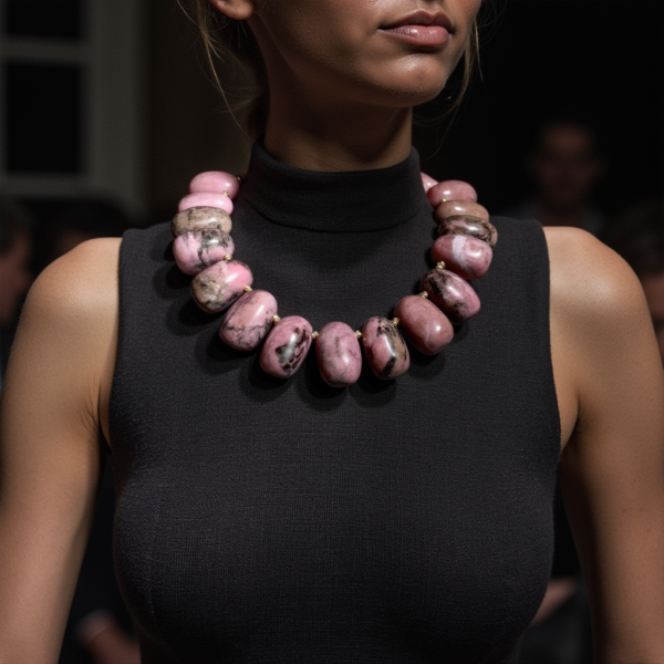 Stunning handcrafted necklace featuring large natural Rhodonite beads in beautiful shades of pink and black.  Rhodonite is the stone of love because it makes the holder feel love.  The simple act of holding the stone is believed to enhance the feeling of love.