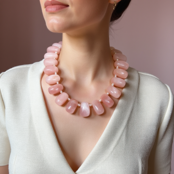 Discover the beauty and serenity of our handcrafted necklace from polished pink quartz stones. Assyrians and Romans are believed to have been the first to use rose quartz. Egyptians believed that rose quartz could prevent aging, and further research about the stone's uses can teach you the rituals performed with it to extract its energy.