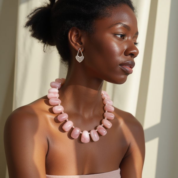 Discover the beauty and serenity of our handcrafted necklace from polished pink quartz stones. Assyrians and Romans are believed to have been the first to use rose quartz. Egyptians believed that rose quartz could prevent aging, and further research about the stone's uses can teach you the rituals performed with it to extract its energy.