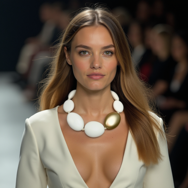 A gold accent bead complements a statement white necklace featuring a striking design with oval-shaped acrylic beads.