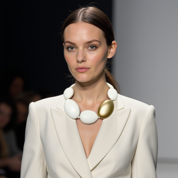 A gold accent bead complements a statement white necklace featuring a striking design with oval-shaped acrylic beads.