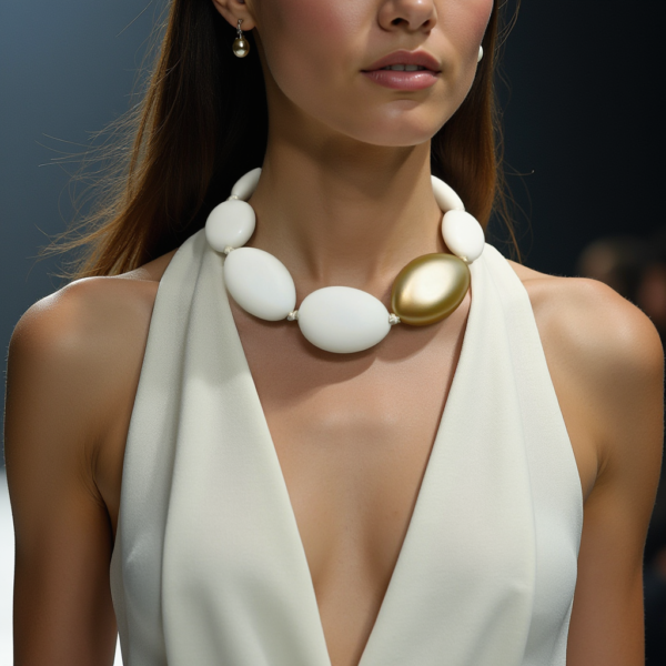 A gold accent bead complements a statement white necklace featuring a striking design with oval-shaped acrylic beads.