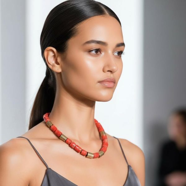 Radiate warmth and effortless charm with the Handcrafted Natural Coral Orange & Gold Necklace—a striking fusion of natural vibrancy and refined elegance. Featuring bright orange coral beads in beautifully irregular shapes, this necklace captures the essence of organic design, with each piece showcasing its own unique texture and form. Interspersed with textured cylindrical gold beads, it delivers a graceful contrast of brilliance and sophistication. Lightweight yet visually impactful, this handcrafted necklace offers the ideal balance between bold color and minimalist style. The vivid orange coral infuses energy and personality, while the subtle golden accents lend an elevated polish that suits both casual and dressed-up occasions. Whether paired with crisp neutrals for a pop of color or layered with other warm-toned accessories, this natural coral necklace adapts to your mood and moment. It’s perfect for travelers, creatives, and anyone drawn to the beauty of artisanal pieces with a fresh twist.  The Coral Orange & Gold Necklace isn’t just an accessory—it’s a wearable celebration of individuality and simplicity, suitable for the office, travel, or fun.  Add it to your collection and let your look glow with the joyful essence of natural design.