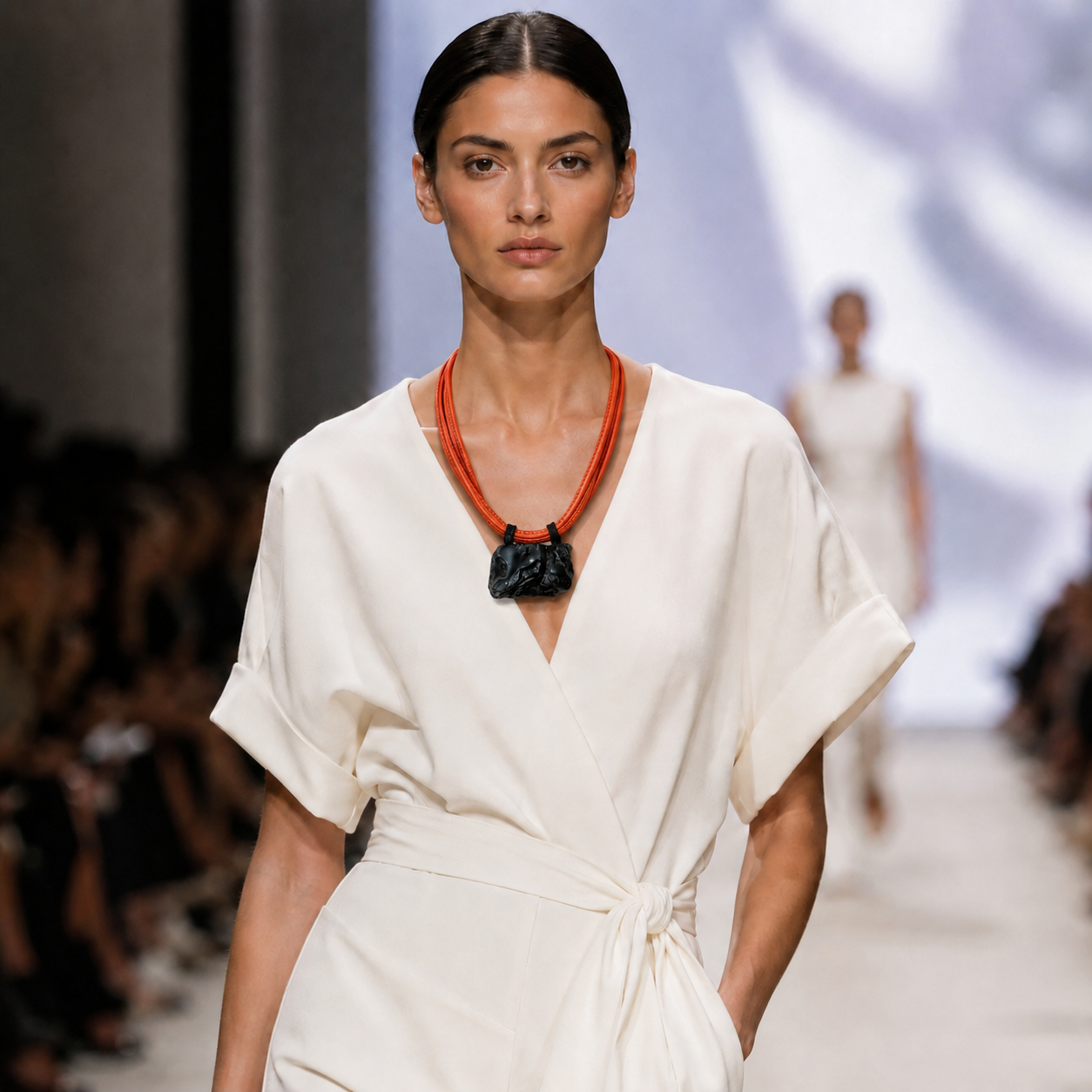 Model wearing a Caro Original necklace with a raw black coral pendant and orange PU leather strands, styled with a white wrap dress on a runway.