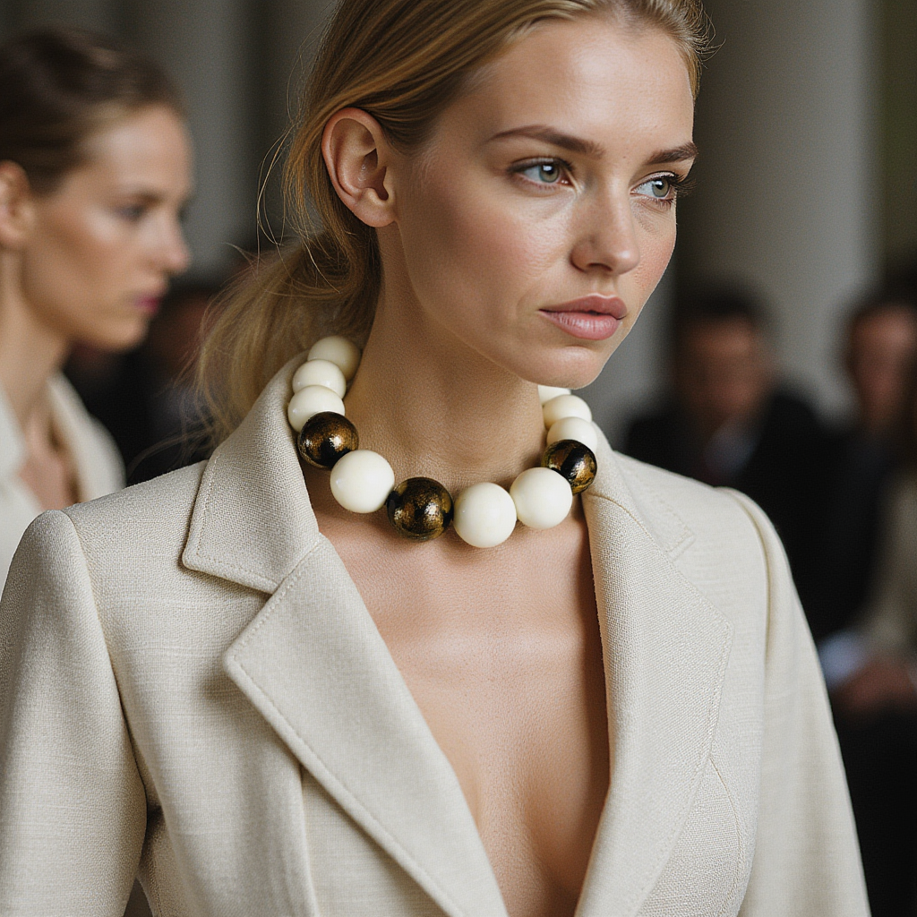 Handcrafted ivory and gold tassel necklace featuring ivory beads, black beads with gold foil leaf detailing, and a sleek gold tassel. Displayed on a white background to highlight its elegant contrast and adjustable, modern design.