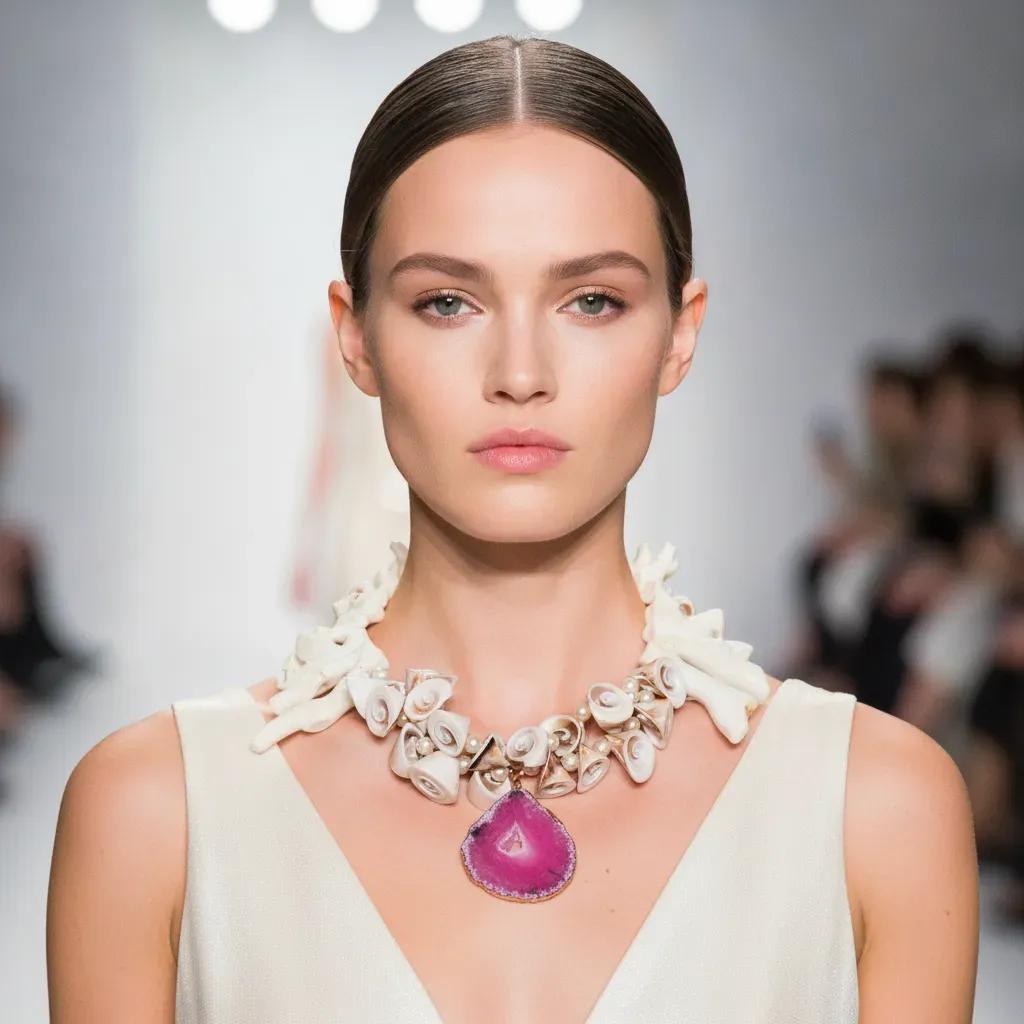 Model wearing a handcrafted Ivory Coral & Pink Agate Necklace featuring ivory coral branches, spiral conch shells, and a polished pink agate slice framed in gold. Styled with a cream sleeveless dress on a runway, highlighting the necklace’s elegant contrast and natural sophistication.