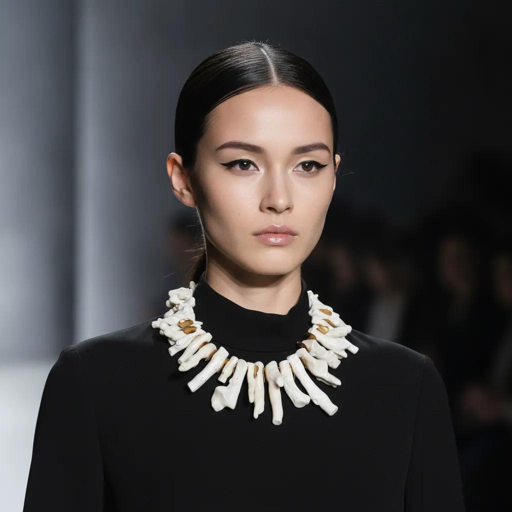 Model wearing a handcrafted natural coral necklace featuring irregular white coral branches accented with gold connectors. Styled with a sleek black high-neck outfit on a runway, highlighting the necklace’s organic texture and striking contrast against the minimalist ensemble.