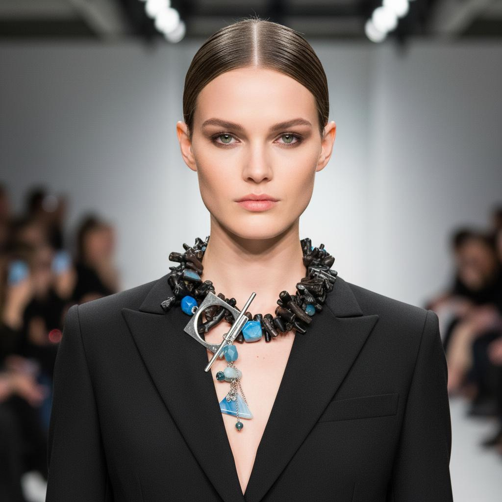 Model wearing a handcrafted Long Necklace featuring black coral branches and vibrant blue agate stones with silver geometric accents and dangling charms. Styled with a sleek black blazer on a runway, highlighting the necklace’s bold contrast and modern sculptural design.