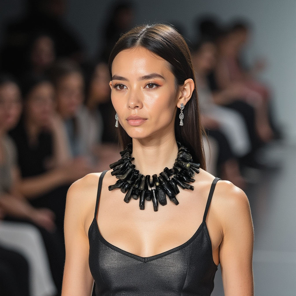 Model wearing a handcrafted Black Coral Necklace featuring irregular polished black coral branches arranged in a bold circular design. Styled with a sleek black satin dress on a runway, highlighting the necklace’s dramatic texture and modern elegance.