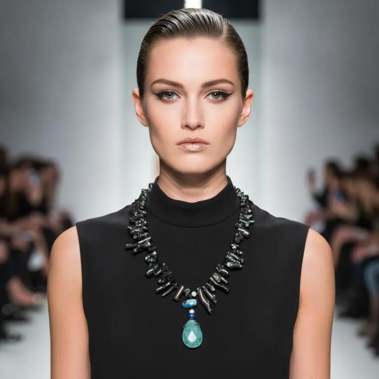 Model wearing a handcrafted Black Necklace featuring polished black coral beads and a large teardrop-shaped blue-green pendant. Styled with a sleeveless black high-neck dress on a runway, highlighting the necklace’s glossy finish and elegant contrast.